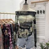 Vintage Graffiti-Printed Shoulder-Threin Mesh Long-Sleeved Blouse Side Drawstring Tethered With Slime T-Shirt 8959 HZ1208