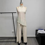 Women's New Asymmetric Neck Collar Blouse High-Waisted Silk Jerk Trousers Set HZ1208