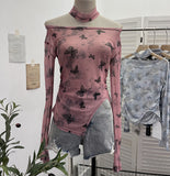 Pink Tie-Dye-Print Single-Layer Mesh Yarn Lint Sun Hoodie Irregular Long-Sleeved T-Shirt Repair On The Body 1962 HZ1208