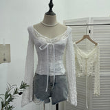 Real Shooting Merard Wind Strapted Bow Splicing Lace Pure Desire Blouse Folding Body Short Blouse 6015 HZ1208