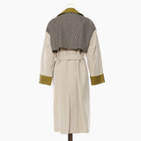 25 New British Wind Splicing Colliding Color Leather Lattice Long Wind Coat Coat Women 1598 HZ1208