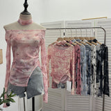 Pink Tie-Dye-Print Single-Layer Mesh Yarn Lint Sun Hoodie Irregular Long-Sleeved T-Shirt Repair On The Body 1962 HZ1208