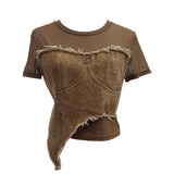 Solid Shooting Denim Splicing Mesh Yarn Short-Sleeved T-Shirt Summer Dress Irregularly Short High-Waist Repair Body Coat 26171 HZ1208