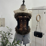 Real-Patted Leather Bra Waist Waist Coat Hair Spliced Pu Leather Slings To Collect Waist Thin Short Sleeveless Top 2996 HZ1208