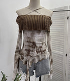 Real Shot Shoulder Cross Hanging Neck Knitting Mesh Yarn Coat Irregular Ribbon Horn Long-Sleeved T-Shirt 1101 HZ1208