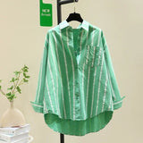 Cotton 2025 Spring And Autumn New Korean Version Of Small Fresh Cardigan Striped Single Pocket Loose Lanky Long Sleeve Shirt Woman HZ1208