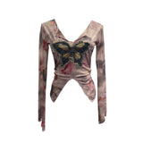 Real Shooting Amount Of Bumpy Tulle Spliced Denim Butterfly Design Sunscreen Coat V Collar Short T-Shirt 1965 HZ1208