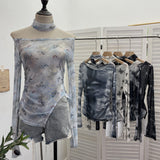 Pink Tie-Dye-Print Single-Layer Mesh Yarn Lint Sun Hoodie Irregular Long-Sleeved T-Shirt Repair On The Body 1962 HZ1208