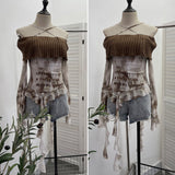 Real Shot Shoulder Cross Hanging Neck Knitting Mesh Yarn Coat Irregular Ribbon Horn Long-Sleeved T-Shirt 1101 HZ1208