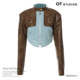 Autumn/Winter 2025 Vintage Leather Bump Color Splicing Short Fashion Coat Coat Coat Jacket 1595 HZ1208