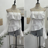 The Ballet Style Shoulder Fold Texture Texture Coat Irregularly Ribbon Horn Sleeve Short Shirt 1158 HZ1208