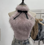 Real-Shot Bow Decorative Hair Splicing Elastic Hanging Neck Vest Outside Wearing Hairy Short Grinding Coat 2791 HZ1208