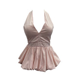 French Retro Hanging Neck Tie With Bare Back Sling Skirt Folded Short Sleeveless Top Woman 9225 HZ1208