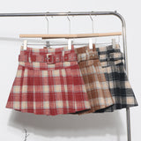 Real Shooting With Belt ~ Lattice Hair Of The Hundred Folded Skirt High Waist Anti-Light Small A Word Short Skirt 8382 HZ1208