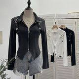Real Shooting Irregular Zipper Collar Short Small Coat With Long Sleeves And Bottom Shirt 2680 HZ1208
