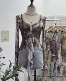 French Retro Oil Painting Wind Dyed Lotus Leaf Side Sling T-Shirts Long Sleeves Drifting Coat 2658 HZ1208