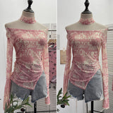 Pink Tie-Dye-Print Single-Layer Mesh Yarn Lint Sun Hoodie Irregular Long-Sleeved T-Shirt Repair On The Body 1962 HZ1208