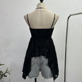 Real-Shooting Lace Tling Folded Sling Vest Irregular Skirt Shaved Thin Holiday Wind Sleeveless Top 1029 HZ1208