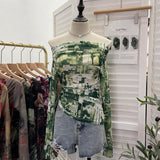 Vintage Graffiti-Printed Shoulder-Threin Mesh Long-Sleeved Blouse Side Drawstring Tethered With Slime T-Shirt 8959 HZ1208