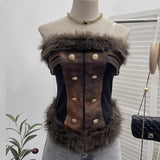 Real-Patted Leather Bra Waist Waist Coat Hair Spliced Pu Leather Slings To Collect Waist Thin Short Sleeveless Top 2996 HZ1208