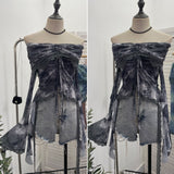 Small-Sized Old-Fashioned Green Shoulder Horn Sleeve Blouse Dye Net Yarn Lace Draw Rope Short T-Shirt 8010 HZ1208