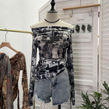 Vintage Graffiti-Printed Shoulder-Threin Mesh Long-Sleeved Blouse Side Drawstring Tethered With Slime T-Shirt 8959 HZ1208