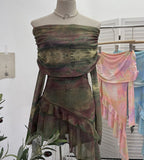 Sweet And Spicy Shoulder Dyed Printing Mesh Long-Sleeved Coat Folds Irregular Ribbon T-Shirt 9997 HZ1208