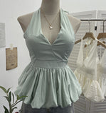 French Retro Hanging Neck Tie With Bare Back Sling Skirt Folded Short Sleeveless Top Woman 9225 HZ1208