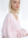 2025 Autumn And Winter Ultra-Soft V-Neck Imitation Marinish Sweater Female Lazy Style Loose Knitted Sweater HZ1208