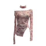 Pink Tie-Dye-Print Single-Layer Mesh Yarn Lint Sun Hoodie Irregular Long-Sleeved T-Shirt Repair On The Body 1962 HZ1208