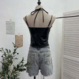 Real Shooting Locomotive Punk Pu Splicing Fishing Net Hanging Neck Sling Vest Babes Wearing Rope Repair Short Blouse 8106 HZ1208