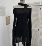 The Dark Waste Soil Wind Makes The Old Hole Hanging Shoulder Hanging With Long Sleeves Irregularly Open Fork T-Shirt Skirt 9295 HZ1208