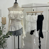 The Ballet Style Shoulder Fold Texture Texture Coat Irregularly Ribbon Horn Sleeve Short Shirt 1158 HZ1208