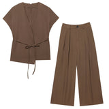 Z Women's 2025 Summer New Fashion Retro Waist Design Cardigan Top Broad Leg Trousers Set HZ1208