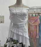 Sweet And Spicy Shoulder Dyed Printing Mesh Long-Sleeved Coat Folds Irregular Ribbon T-Shirt 9997 HZ1208