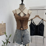 Real Shooting Locomotive Punk Pu Splicing Fishing Net Hanging Neck Sling Vest Babes Wearing Rope Repair Short Blouse 8106 HZ1208