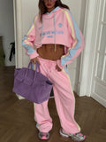 Street Wind Hit Striped Decorative Letters Embroidered Hoodie Casual Loose Trouser Set Fashion HZ1208