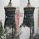 Sweet And Spicy Shoulder Dyed Printing Mesh Long-Sleeved Coat Folds Irregular Ribbon T-Shirt 9997 HZ1208