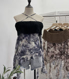 Real Shot Shoulder Cross Hanging Neck Knitting Mesh Yarn Coat Irregular Ribbon Horn Long-Sleeved T-Shirt 1101 HZ1208