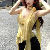 Yellow Three-Dimensional Flowers With Lotus Leaves Side Slings Women Summer Pure Lust Sweet Hot Girl Gentle Summer Beautiful Blouse HZ1208
