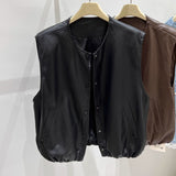 Round Collar Solid Color Sleeveless Leather Vest Coat Women's Autumn 2025 New Korean Fashion Stacked On The Kan Shoulders HZ1208