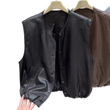Round Collar Solid Color Sleeveless Leather Vest Coat Women's Autumn 2025 New Korean Fashion Stacked On The Kan Shoulders HZ1208