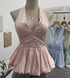 French Retro Hanging Neck Tie With Bare Back Sling Skirt Folded Short Sleeveless Top Woman 9225 HZ1208