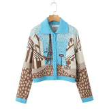 2025 Women's New Color Print Short Long-Sleeved Knitted Cardigan Sweater 7297 HZ1208