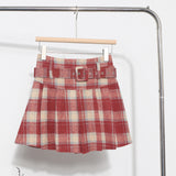 Real Shooting With Belt ~ Lattice Hair Of The Hundred Folded Skirt High Waist Anti-Light Small A Word Short Skirt 8382 HZ1208