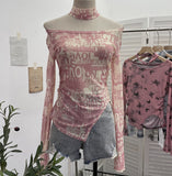 Pink Tie-Dye-Print Single-Layer Mesh Yarn Lint Sun Hoodie Irregular Long-Sleeved T-Shirt Repair On The Body 1962 HZ1208