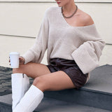 Autumn And Winter Loose Street Open Fork V-Neck Sweater Women's Horn Sleeve Coarse Knitted Languid Retro Tide Blouse HZ1208