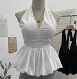 French Retro Hanging Neck Tie With Bare Back Sling Skirt Folded Short Sleeveless Top Woman 9225 HZ1208