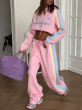 Street Wind Hit Striped Decorative Letters Embroidered Hoodie Casual Loose Trouser Set Fashion HZ1208