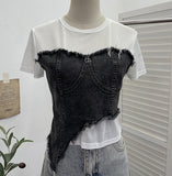 Solid Shooting Denim Splicing Mesh Yarn Short-Sleeved T-Shirt Summer Dress Irregularly Short High-Waist Repair Body Coat 26171 HZ1208